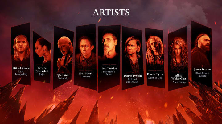 Metal: Se enumeran los artistas de la banda sonora de Hellsinger, entre los que se encuentran Serj Tankian, Mikael Stanne y Matt Heafy.