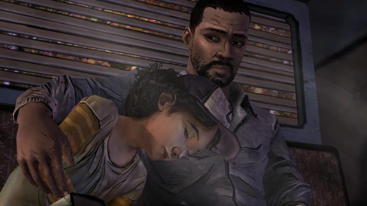 Clementine y Lee en el juego The Walking Dead. Clementine y Lee en el juego The Walking Dead.